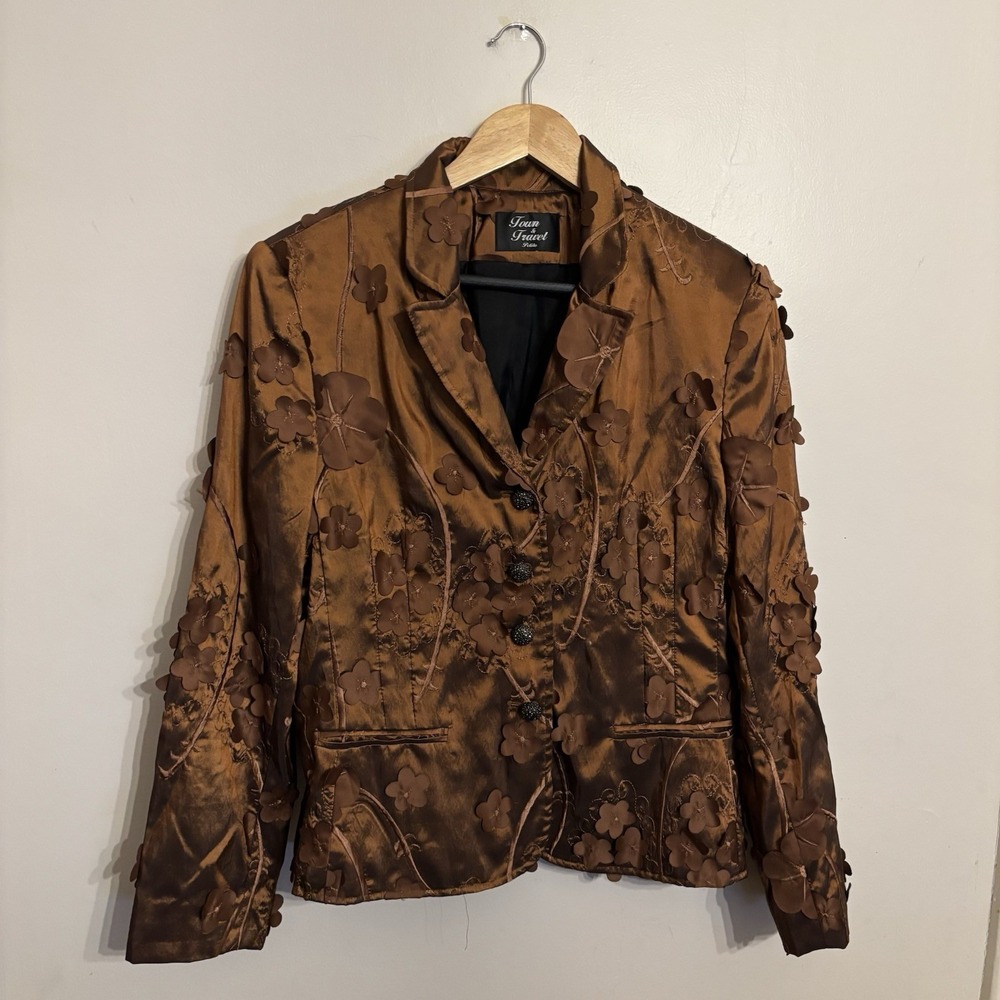 Town & Travel Brown Blazer Suit Jacket 3D Flowers Marcasite Buttons Large Petite